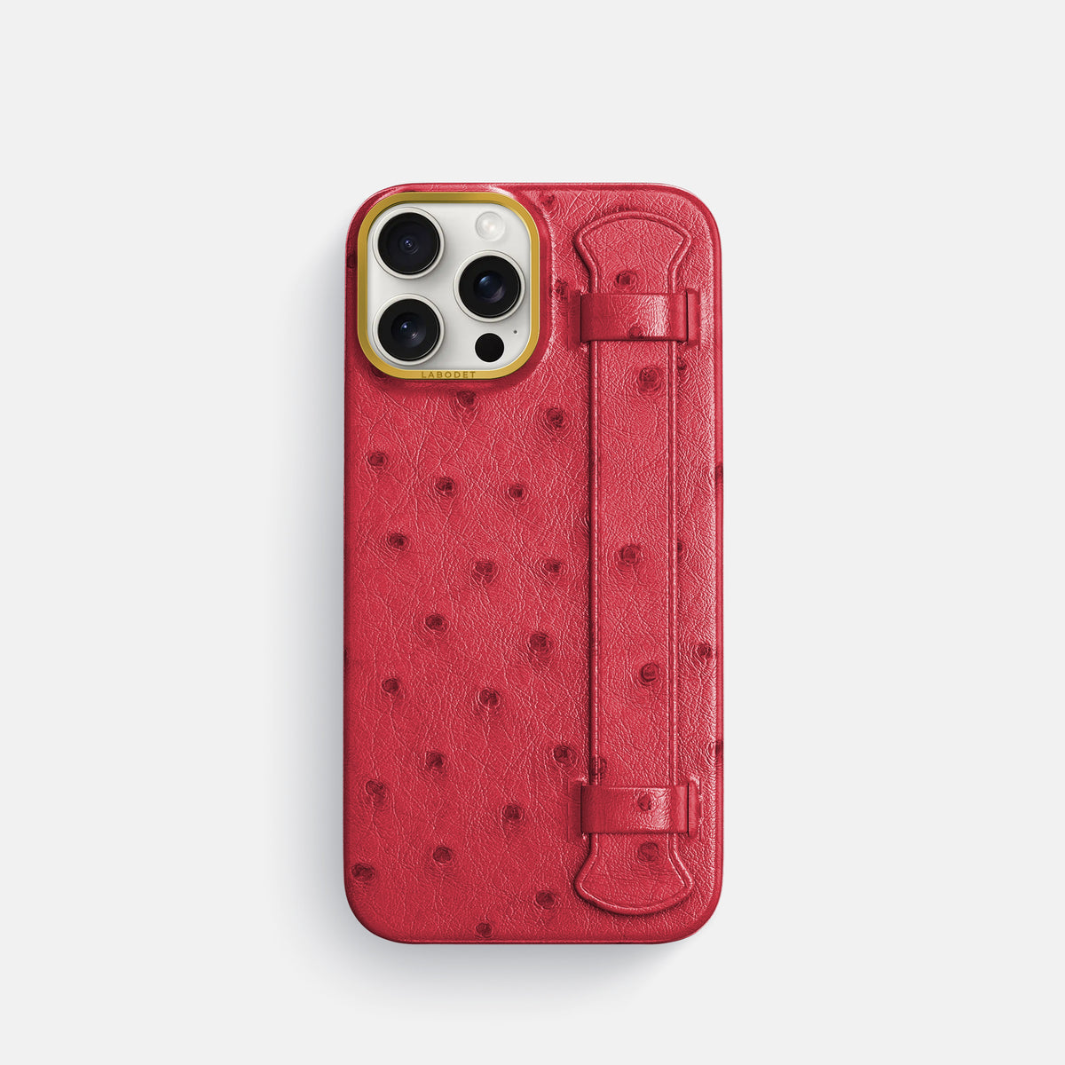 Red iPhone 16 Pro Handle Case Ostrich with Gold Metal -1 | Red-Gold