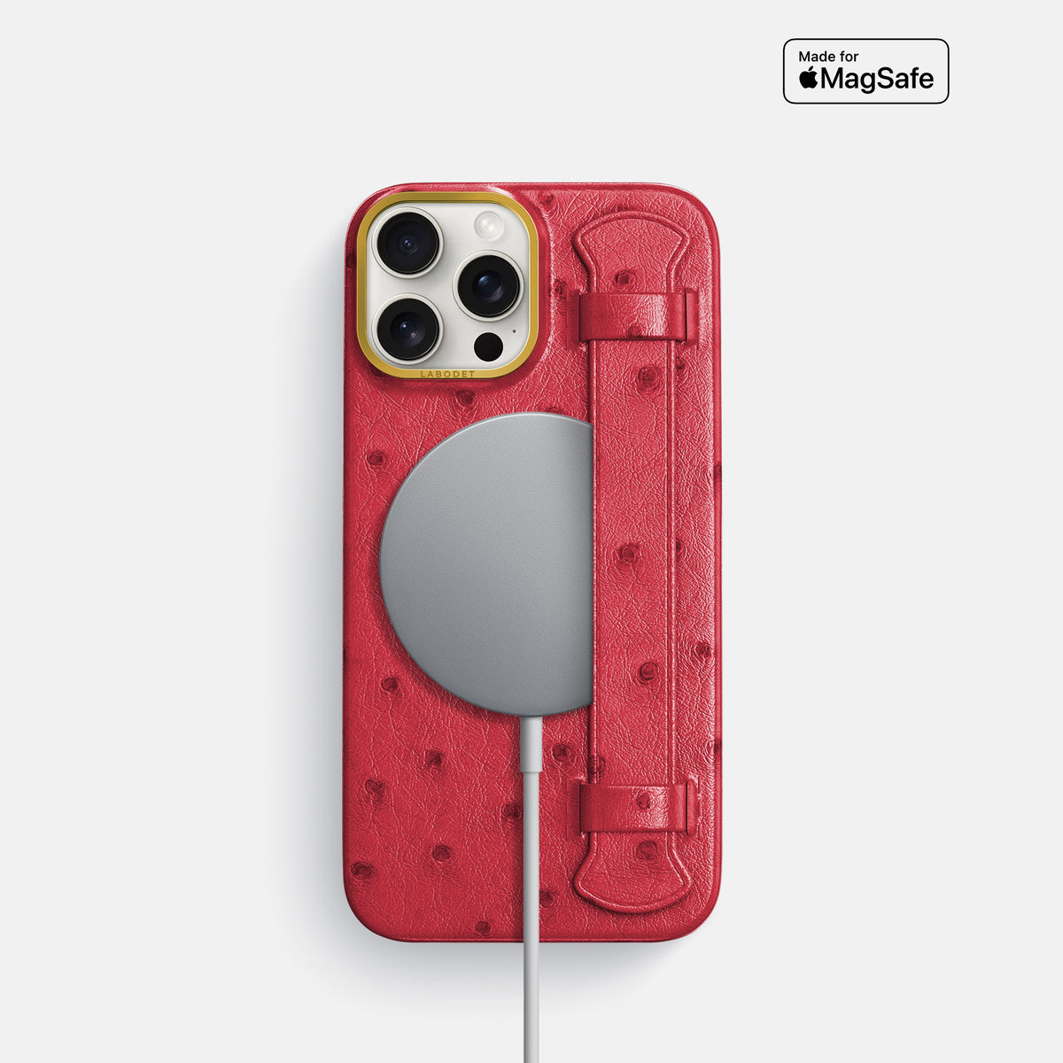 Red iPhone 16 Pro Handle Case Ostrich with Gold Metal -5 | Red-Gold