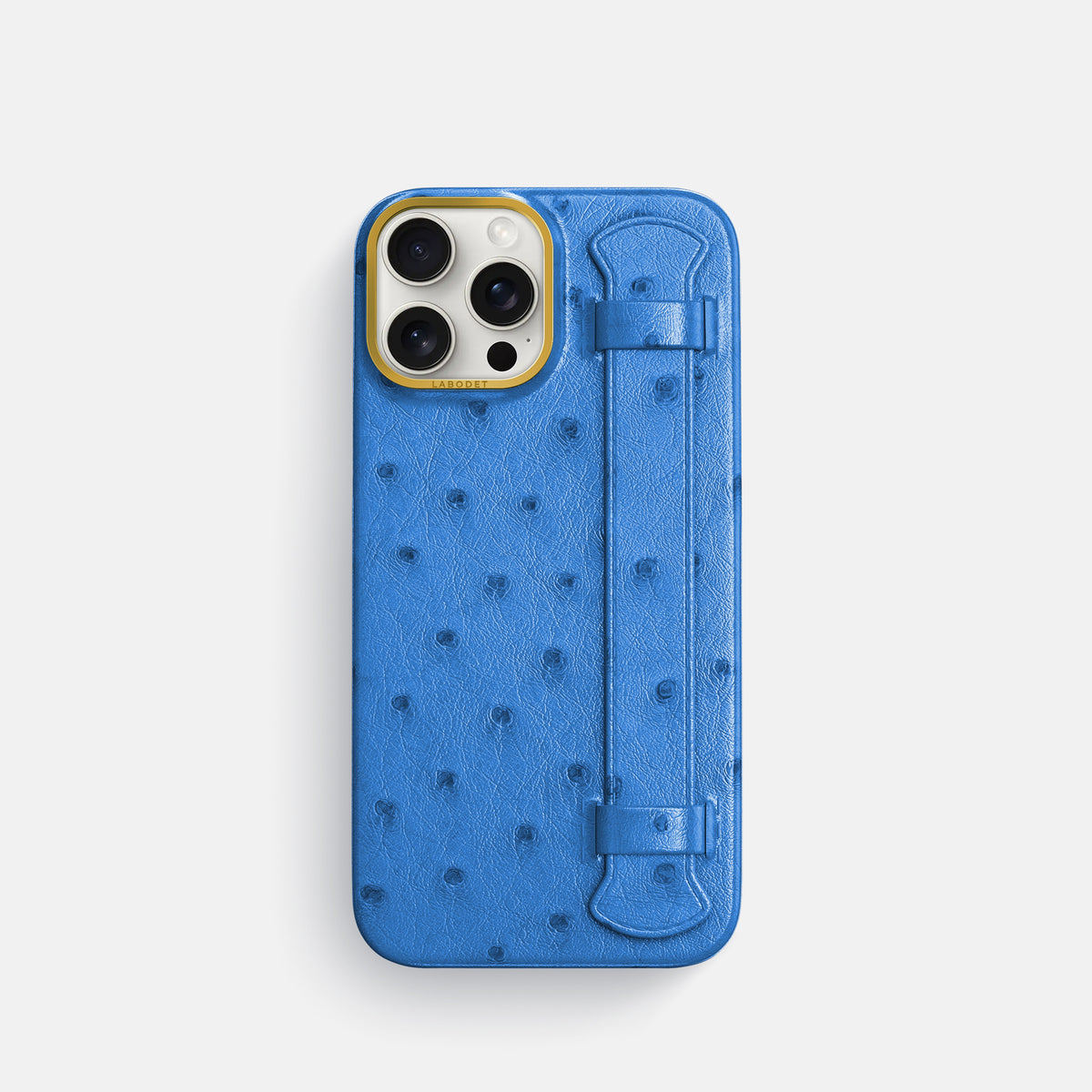 Royal-Blue iPhone 16 Pro Handle Case Ostrich with Gold Metal -1 | Royal-Blue-Gold