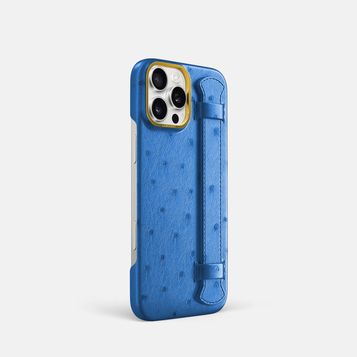 Royal-Blue iPhone 16 Pro Handle Case Ostrich with Gold Metal -2 | Royal-Blue-Gold