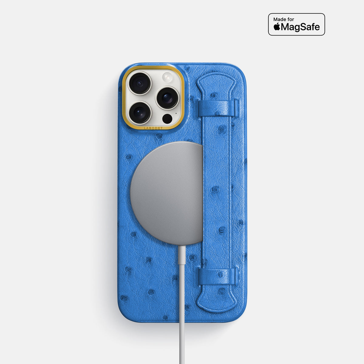Royal-Blue iPhone 16 Pro Handle Case Ostrich with Gold Metal -5 | Royal-Blue-Gold
