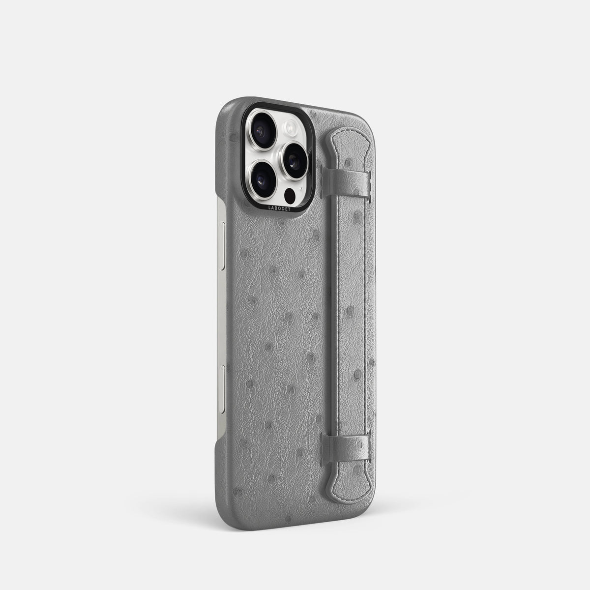 Silver iPhone 16 Pro Handle Case Ostrich with Black Metal -2 | Silver-Black
