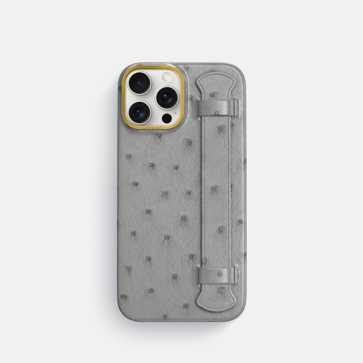 Silver iPhone 16 Pro Handle Case Ostrich with Gold Metal -1 | Silver-Gold