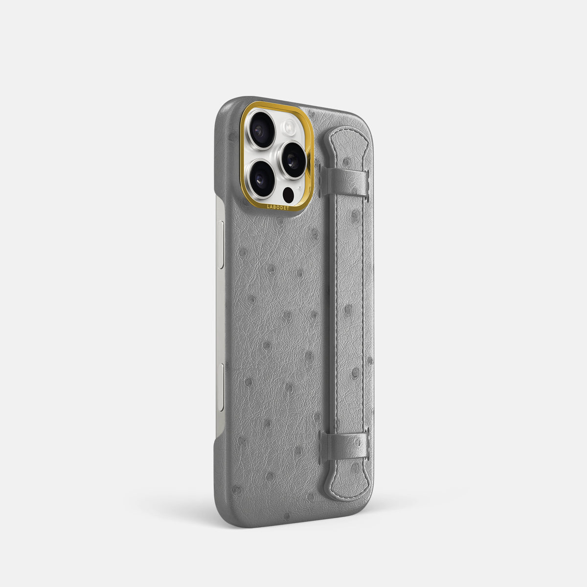Silver iPhone 16 Pro Handle Case Ostrich with Gold Metal -2 | Silver-Gold