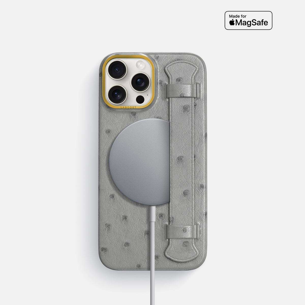 Silver iPhone 16 Pro Handle Case Ostrich with Gold Metal -5 | Silver-Gold
