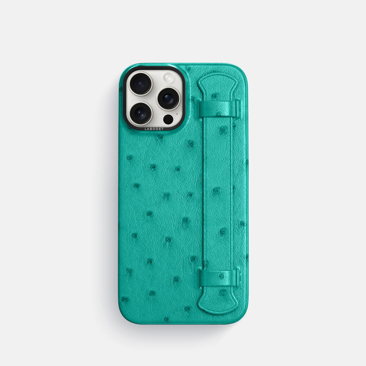 Turquoise iPhone 16 Pro Handle Case Ostrich with Black Metal -1 | Turquoise-Black