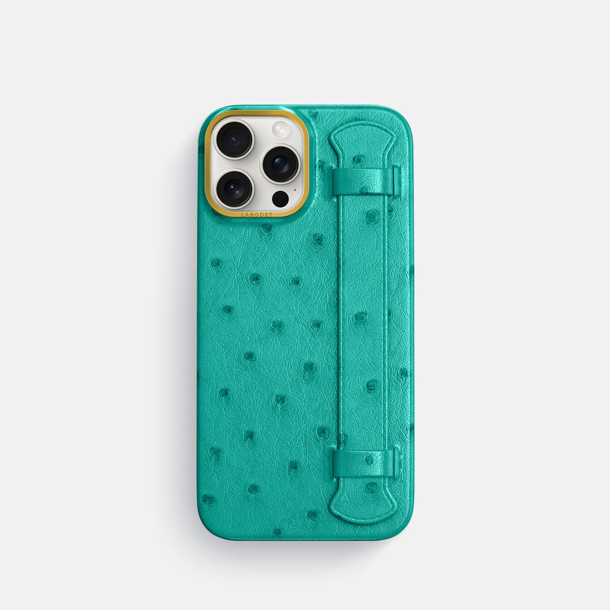 Turquoise iPhone 16 Pro Handle Case Ostrich with Gold Metal -1 | Turquoise-Gold
