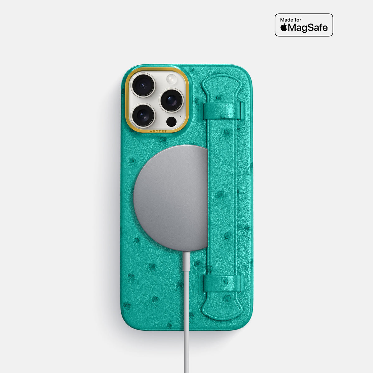 Turquoise iPhone 16 Pro Handle Case Ostrich with Gold Metal -5 | Turquoise-Gold