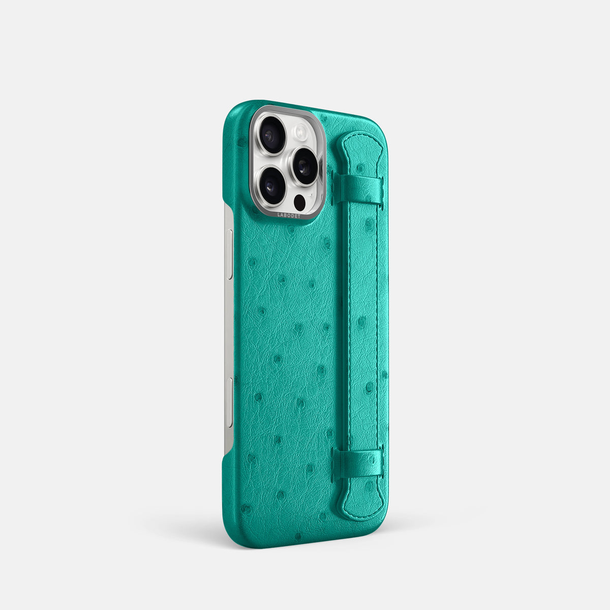 Turquoise iPhone 16 Pro Handle Case Ostrich with Steel Metal -2 | Turquoise-Steel