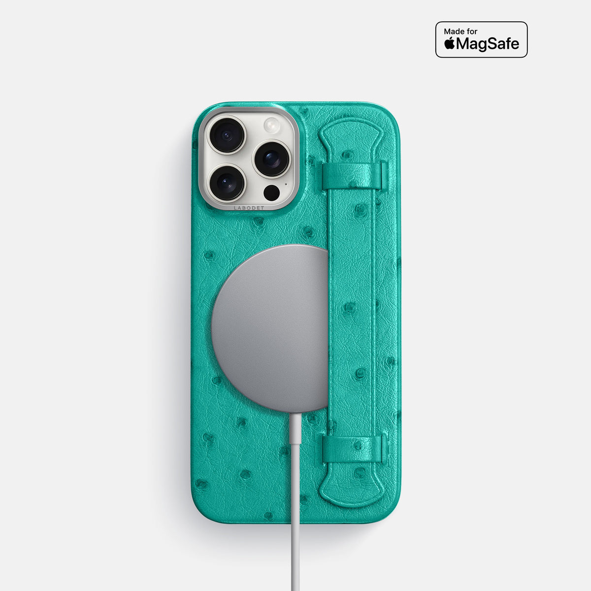 Turquoise iPhone 16 Pro Handle Case Ostrich with Steel Metal -5 | Turquoise-Steel