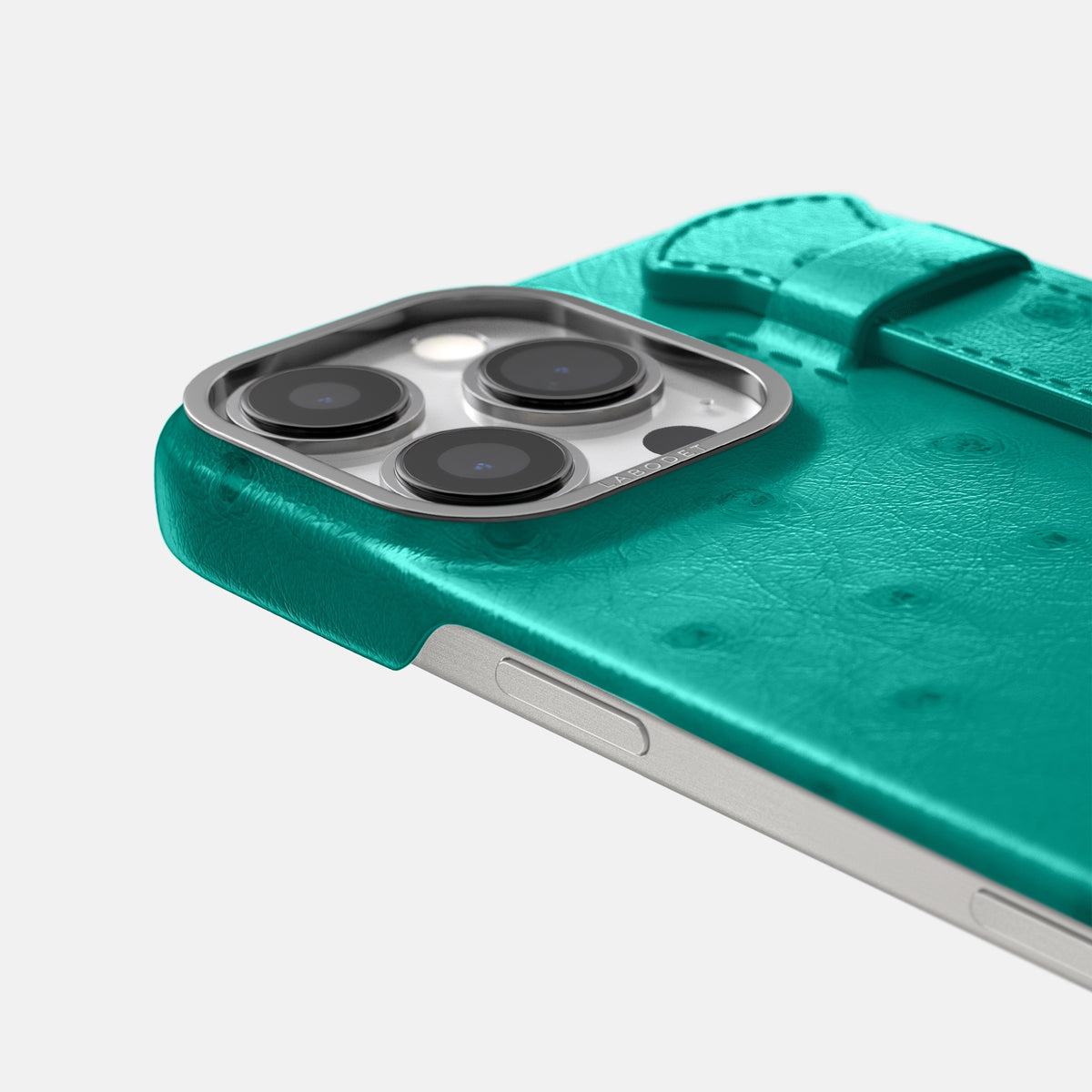 Turquoise iPhone 16 Pro Handle Case Ostrich with Steel Metal -6 | Turquoise-Steel