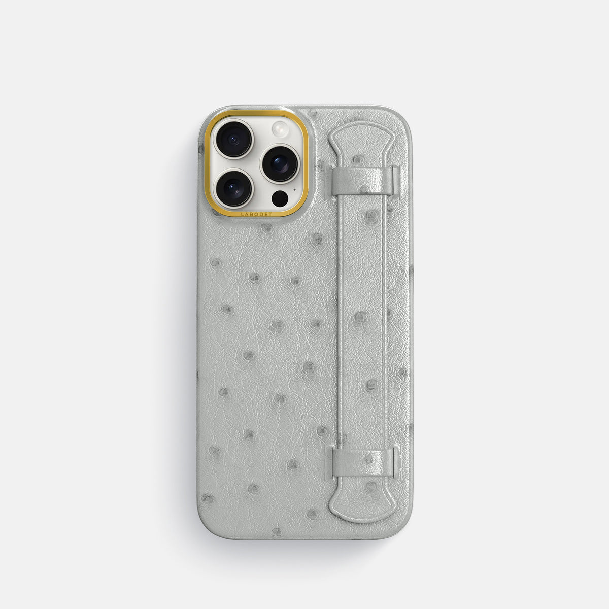 White iPhone 16 Pro Handle Case Ostrich with Gold Metal -1 | White-Gold