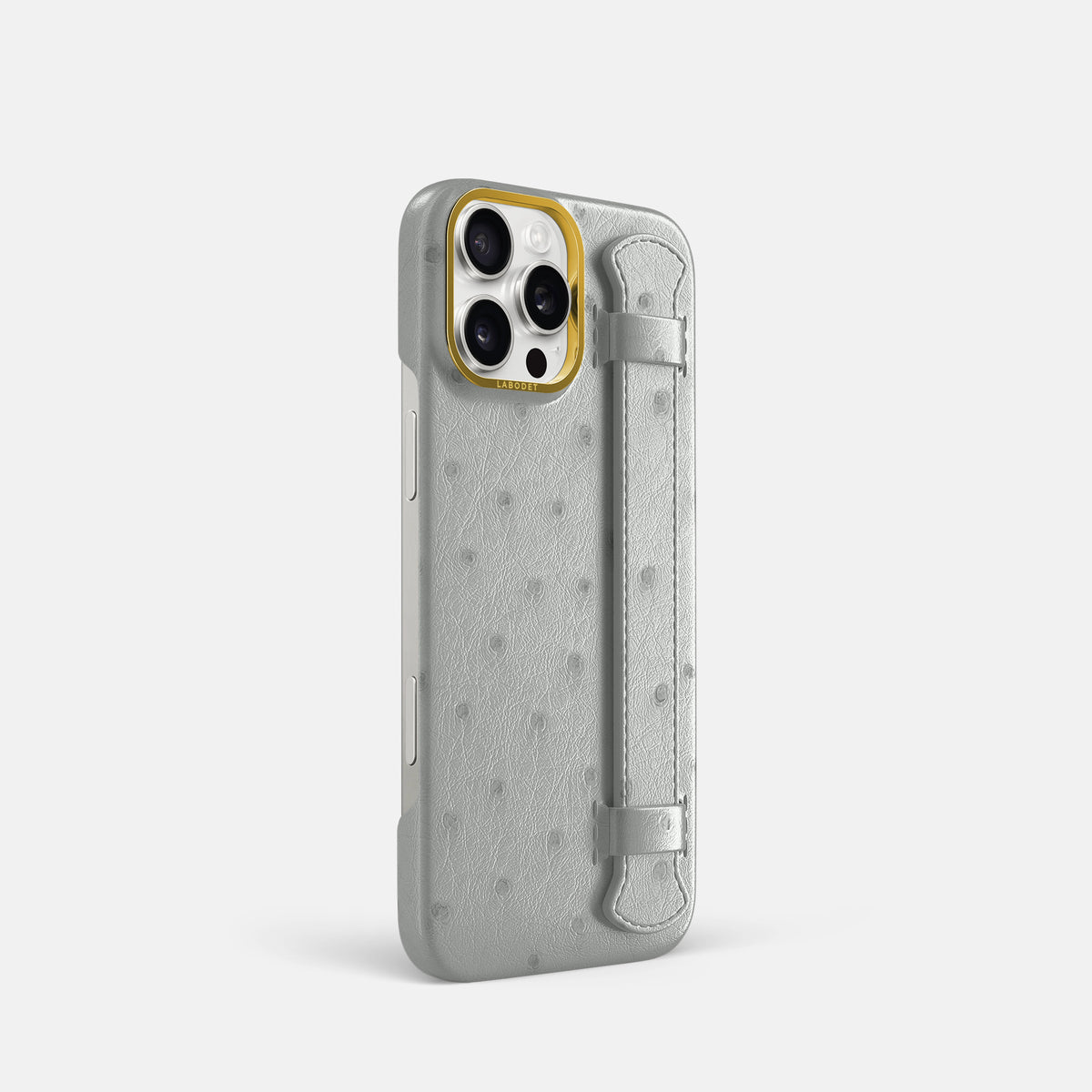 White iPhone 16 Pro Handle Case Ostrich with Gold Metal -2 | White-Gold