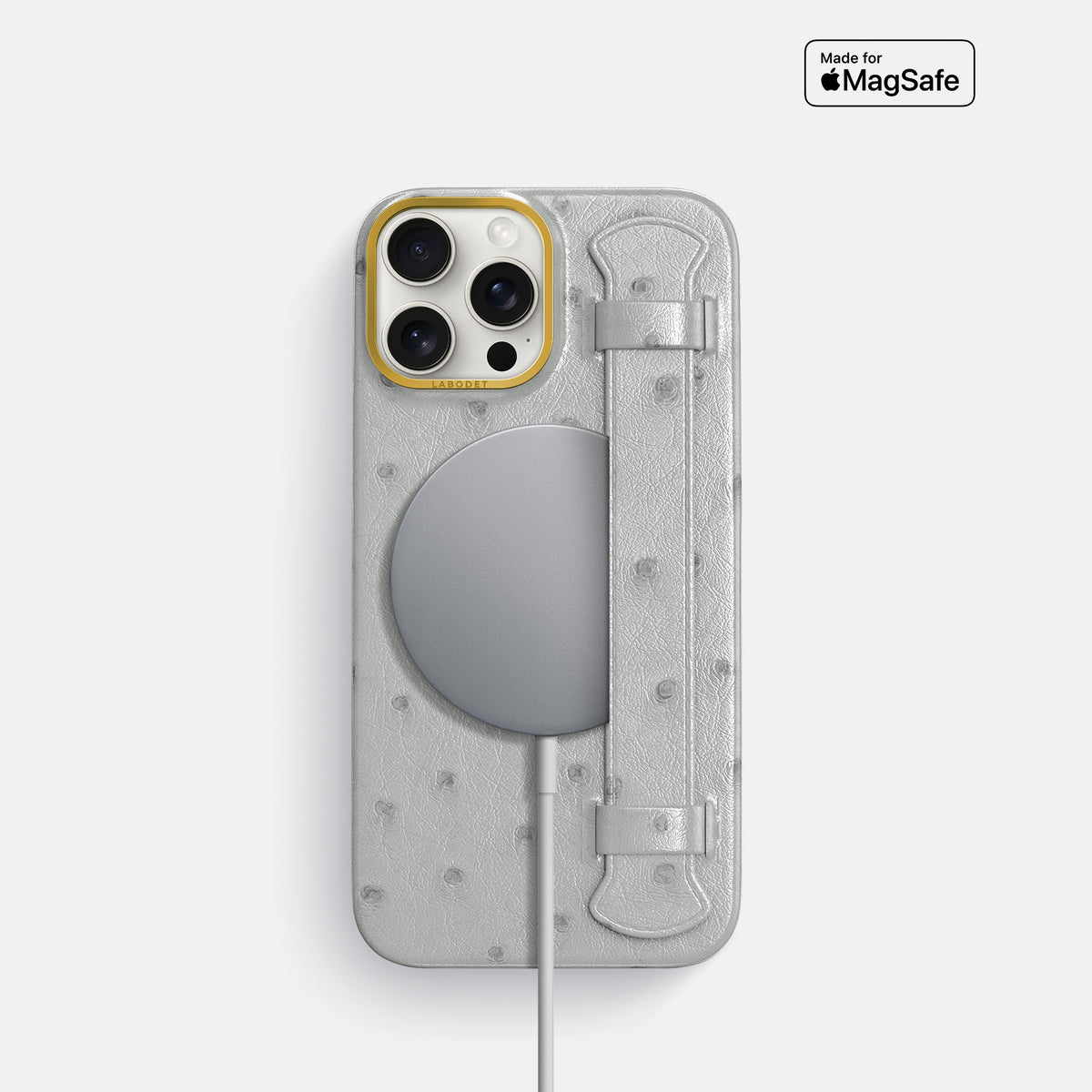 White iPhone 16 Pro Handle Case Ostrich with Gold Metal -5 | White-Gold