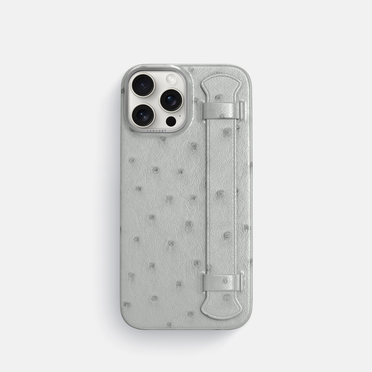 White iPhone 16 Pro Handle Case Ostrich with Steel Metal -1 | White-Steel