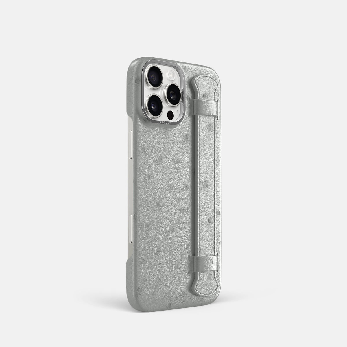 White iPhone 16 Pro Handle Case Ostrich with Steel Metal -2 | White-Steel