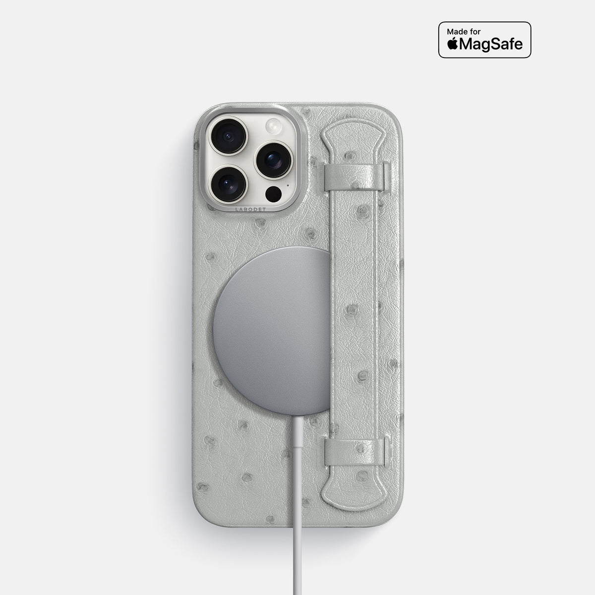 White iPhone 16 Pro Handle Case Ostrich with Steel Metal -5 | White-Steel