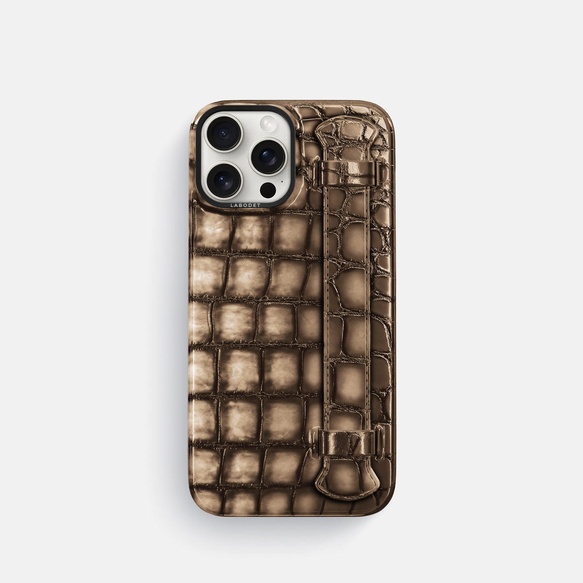 Etoupe iPhone 16 Pro Handle Case Patina Alligator with Black Metal -1 | Etoupe-Black
