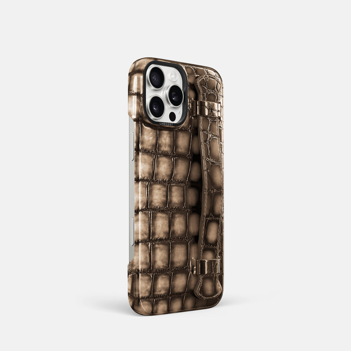 Etoupe iPhone 16 Pro Handle Case Patina Alligator with Black Metal -2 | Etoupe-Black