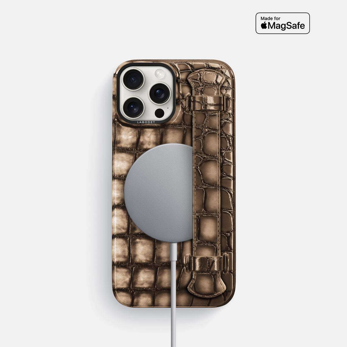 Etoupe iPhone 16 Pro Handle Case Patina Alligator with Black Metal -5 | Etoupe-Black