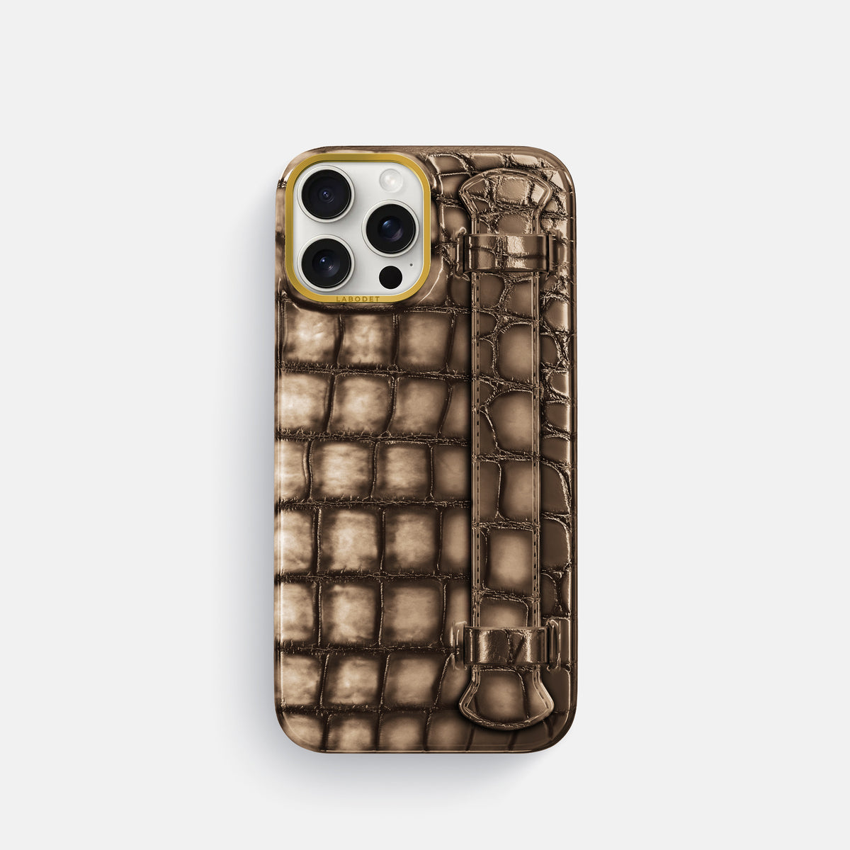 Etoupe iPhone 16 Pro Handle Case Patina Alligator with Gold Metal -1 | Etoupe-Gold