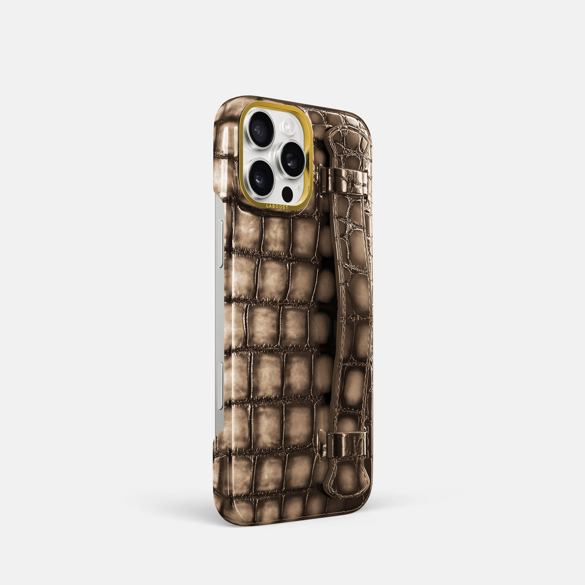 Etoupe iPhone 16 Pro Handle Case Patina Alligator with Gold Metal -2 | Etoupe-Gold