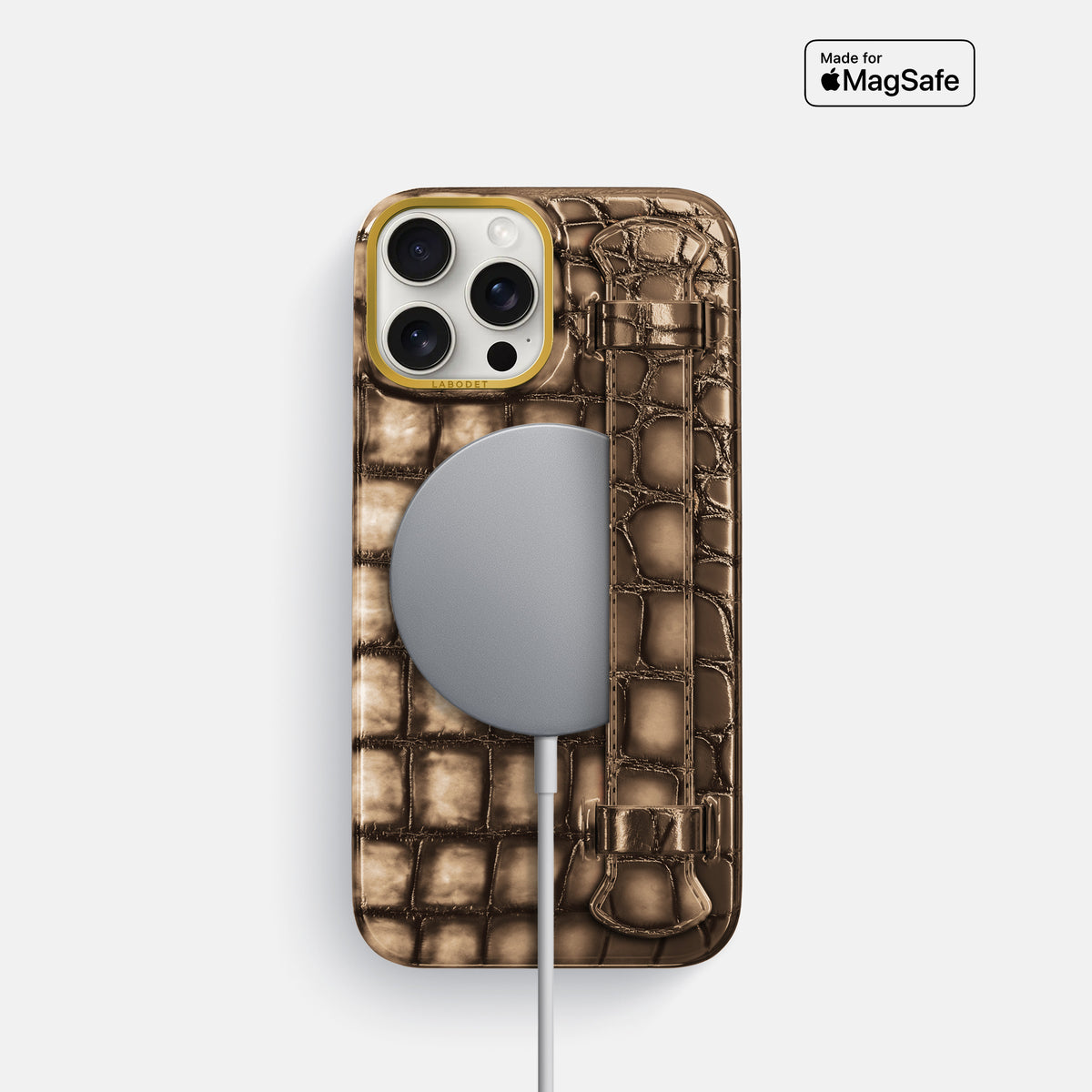 Etoupe iPhone 16 Pro Handle Case Patina Alligator with Gold Metal -5 | Etoupe-Gold