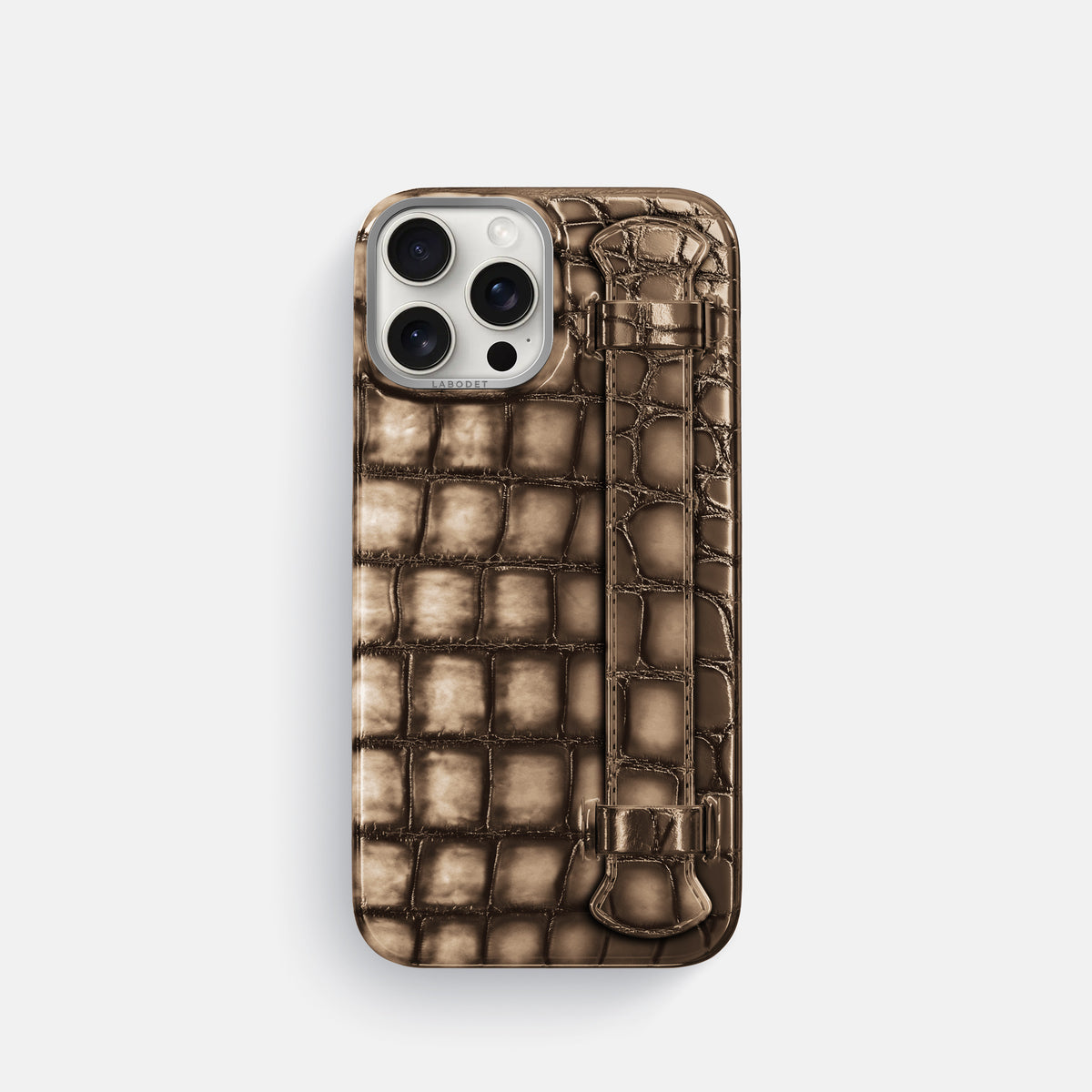Etoupe iPhone 16 Pro Handle Case Patina Alligator with Steel Metal -1 | Etoupe-Steel