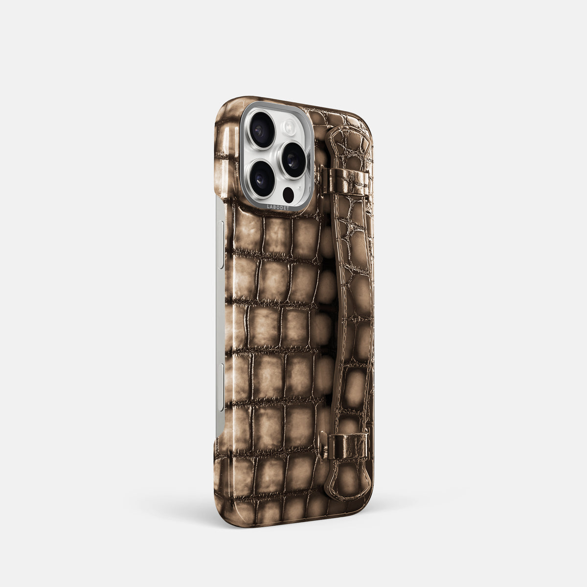 Etoupe iPhone 16 Pro Handle Case Patina Alligator with Steel Metal -2 | Etoupe-Steel