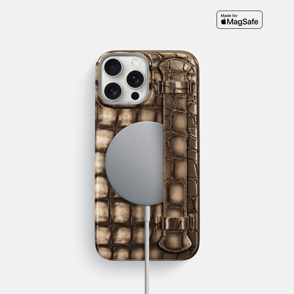 Etoupe iPhone 16 Pro Handle Case Patina Alligator with Steel Metal -5 | Etoupe-Steel