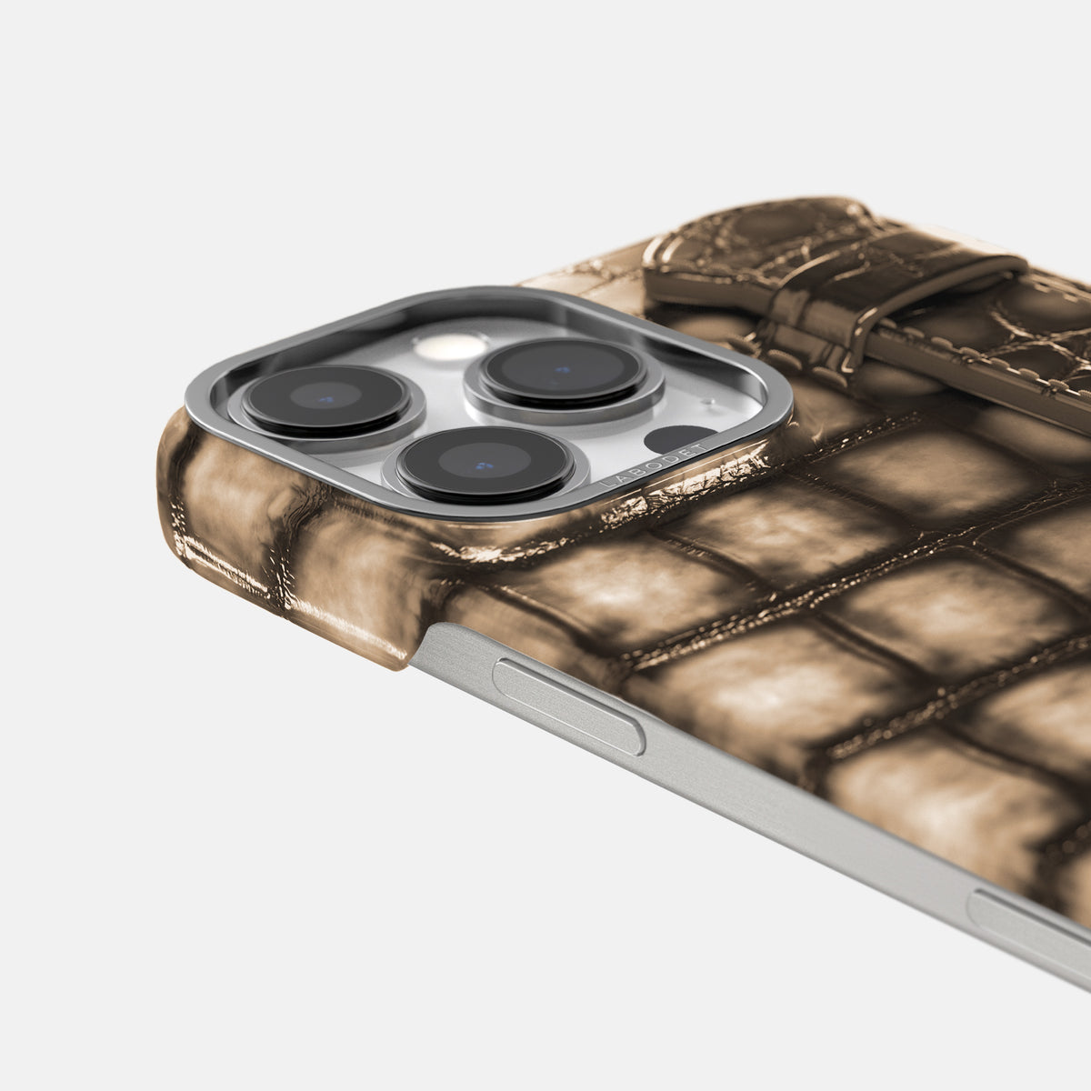 Etoupe iPhone 16 Pro Handle Case Patina Alligator with Steel Metal -6 | Etoupe-Steel