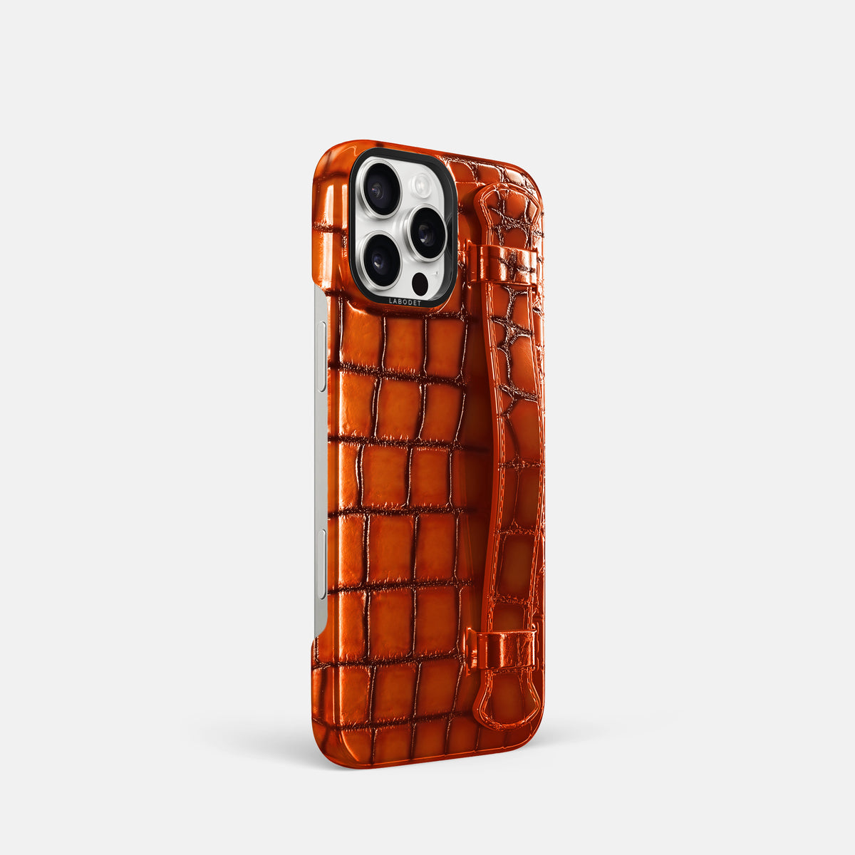 Clay-Court iPhone 16 Pro Handle Case Patina Alligator with Black Metal -2 | Clay-Court-Black
