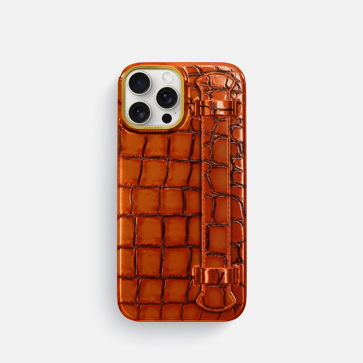 Clay-Court iPhone 16 Pro Handle Case Patina Alligator with Gold Metal -1 | Clay-Court-Gold