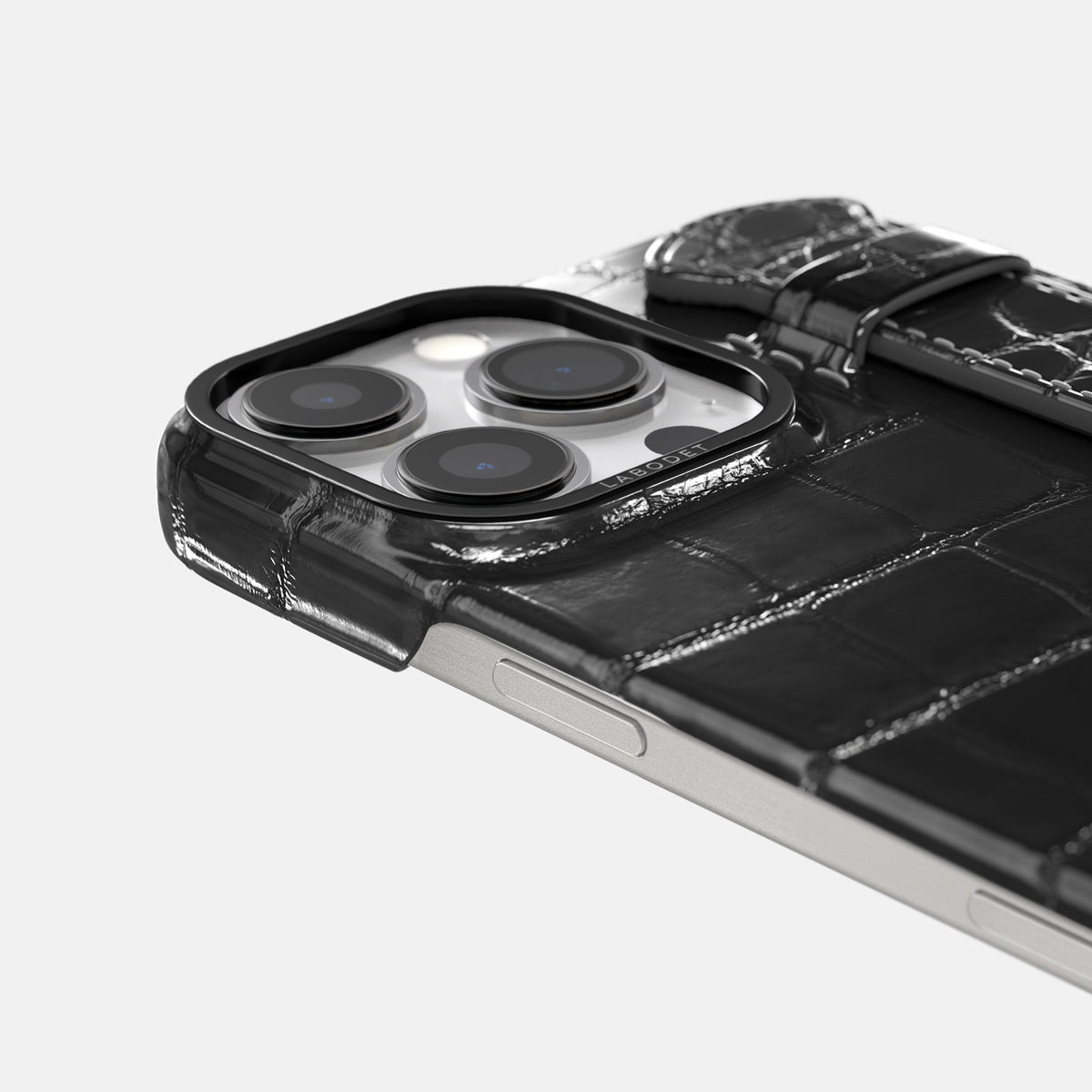Havana-Black iPhone 16 Pro Handle Case Patina Alligator with Black Metal -6 | Havana-Black-Black
