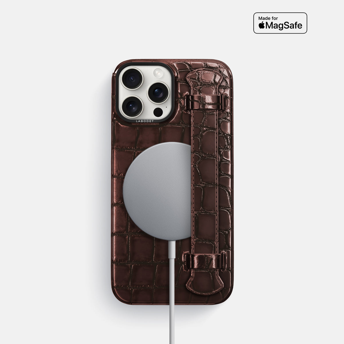 Grape-Wine iPhone 16 Pro Handle Case Patina Alligator with Black Metal -5 | Grape-Wine-Black