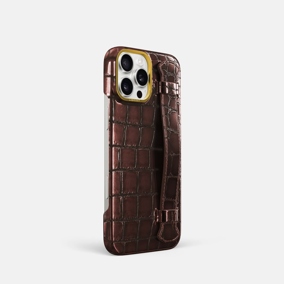 Grape-Wine iPhone 16 Pro Handle Case Patina Alligator with Gold Metal -2 | Grape-Wine-Gold
