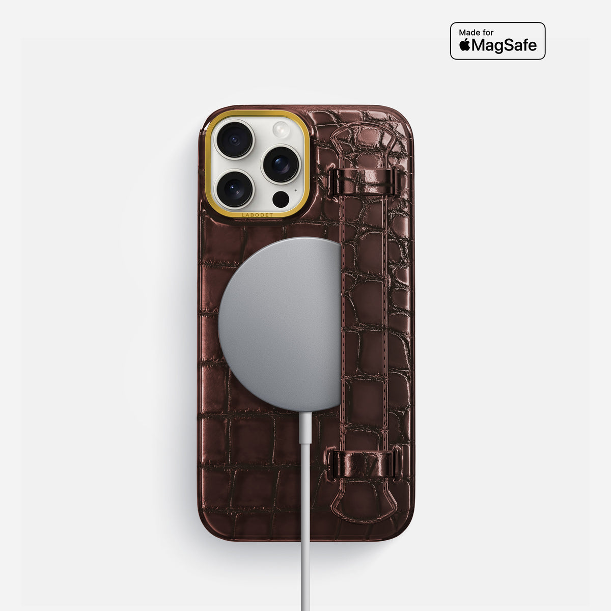 Grape-Wine iPhone 16 Pro Handle Case Patina Alligator with Gold Metal -5 | Grape-Wine-Gold