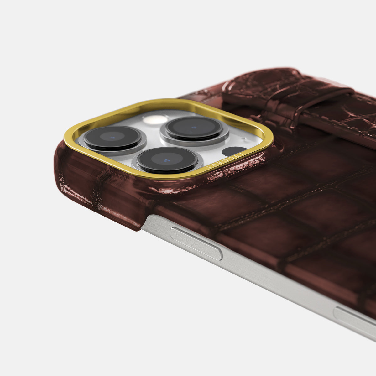 Grape-Wine iPhone 16 Pro Handle Case Patina Alligator with Gold Metal -6 | Grape-Wine-Gold