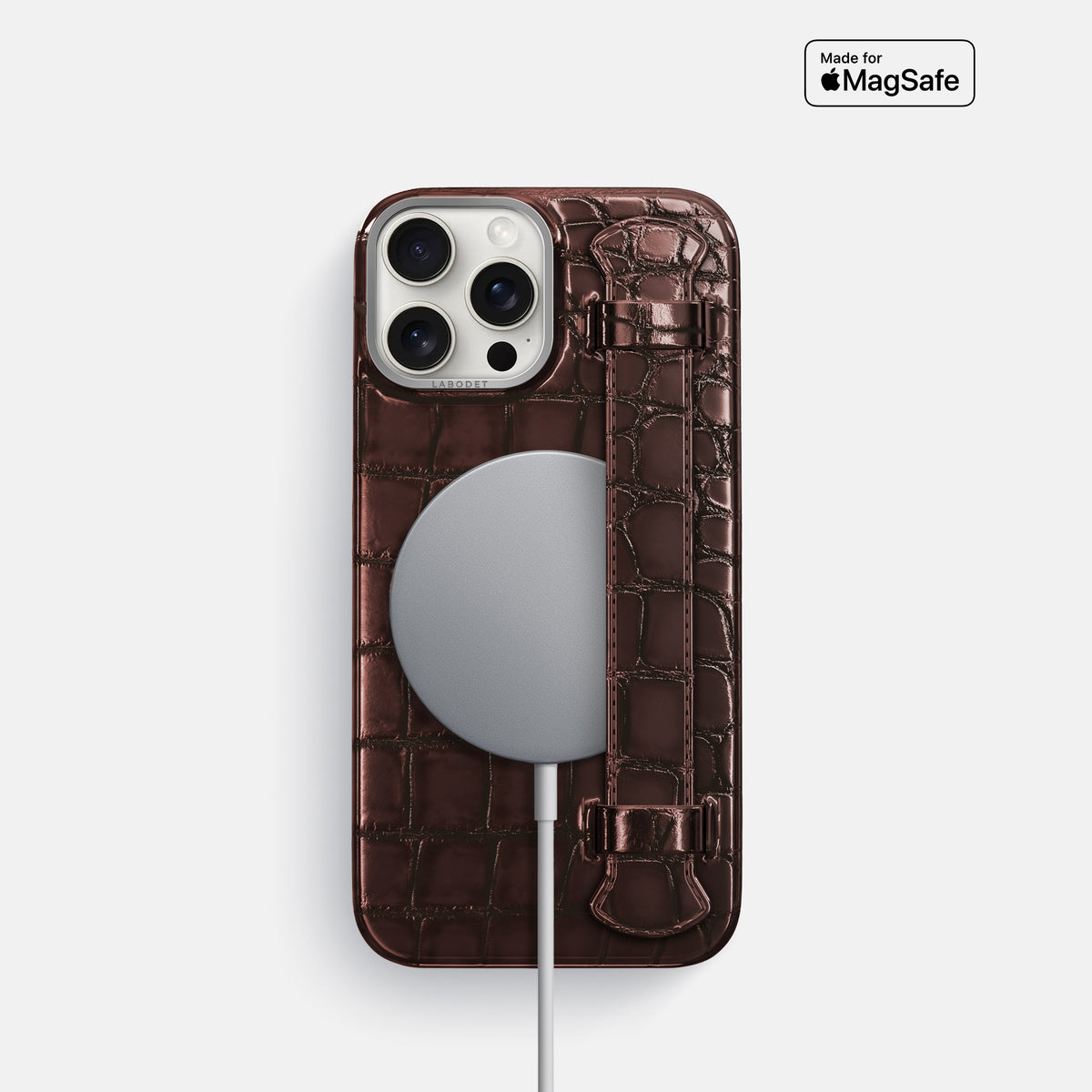 Grape-Wine iPhone 16 Pro Handle Case Patina Alligator with Steel Metal -5 | Grape-Wine-Steel