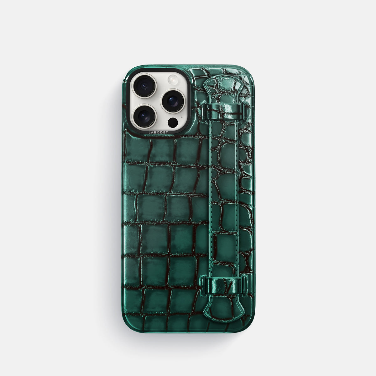 Green iPhone 16 Pro Handle Case Patina Alligator with Black Metal -1 | Green-Black