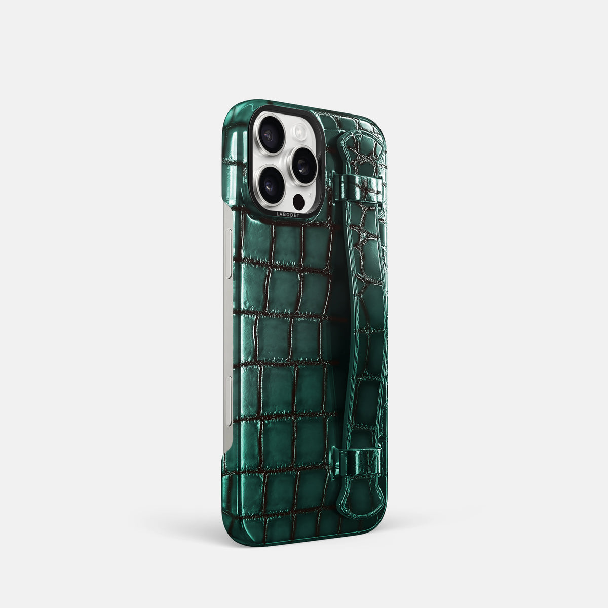 Green iPhone 16 Pro Handle Case Patina Alligator with Black Metal -2 | Green-Black