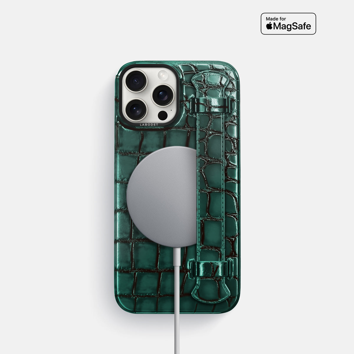 Green iPhone 16 Pro Handle Case Patina Alligator with Black Metal -5 | Green-Black