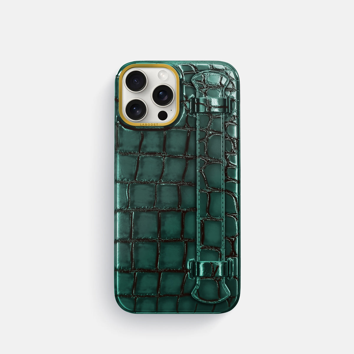 Green iPhone 16 Pro Handle Case Patina Alligator with Gold Metal -1 | Green-Gold