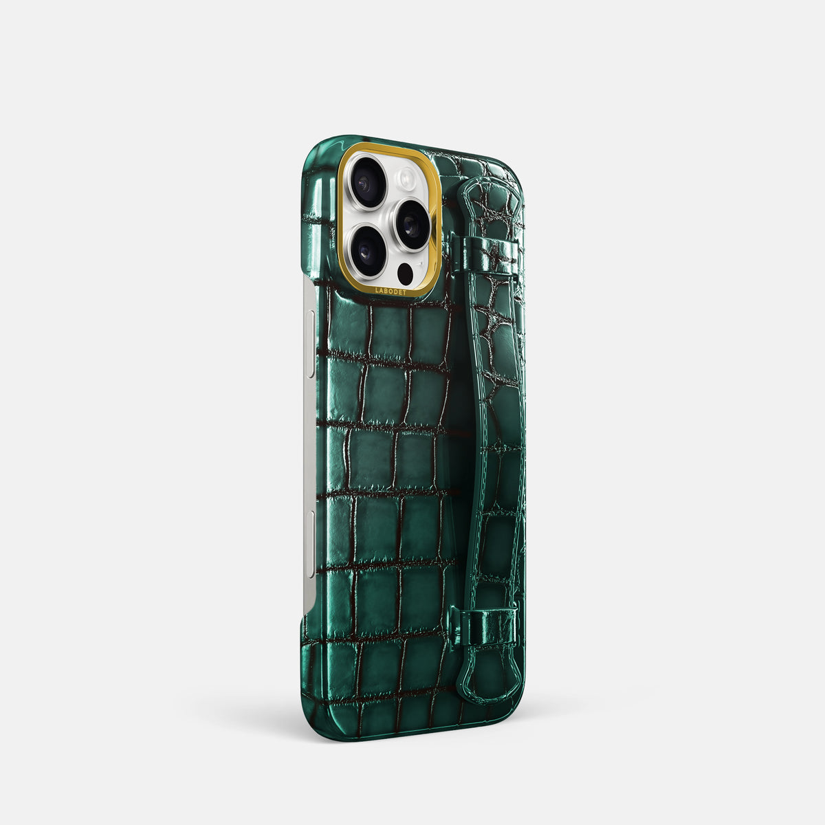 Green iPhone 16 Pro Handle Case Patina Alligator with Gold Metal -2 | Green-Gold