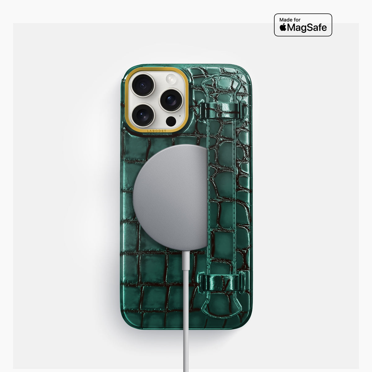 Green iPhone 16 Pro Handle Case Patina Alligator with Gold Metal -5 | Green-Gold