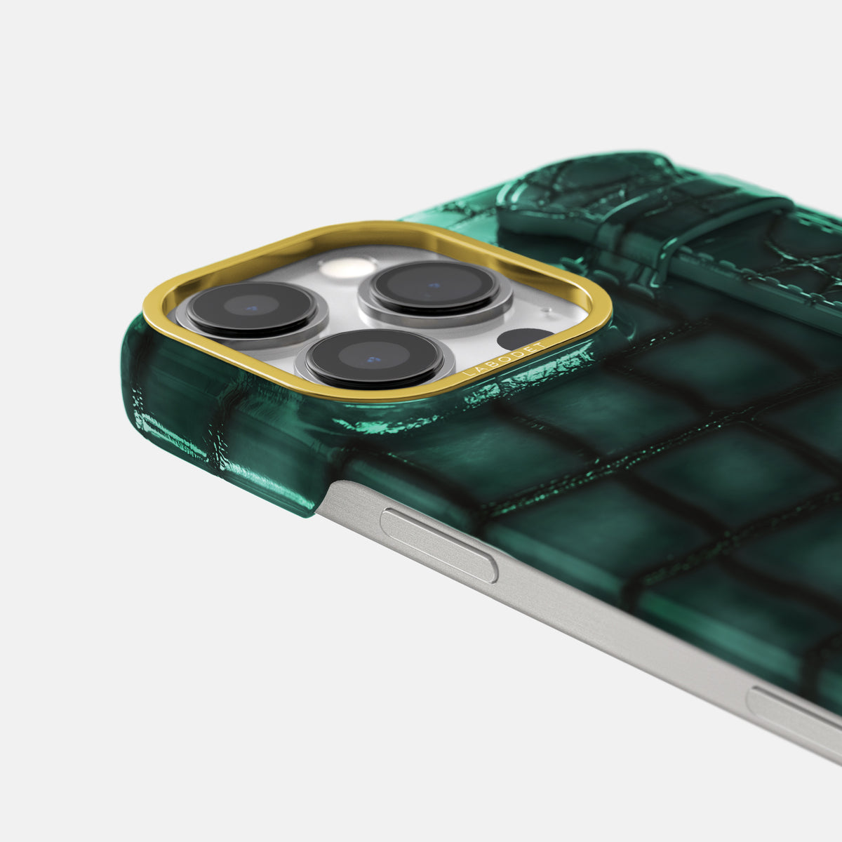 Green iPhone 16 Pro Handle Case Patina Alligator with Gold Metal -6 | Green-Gold