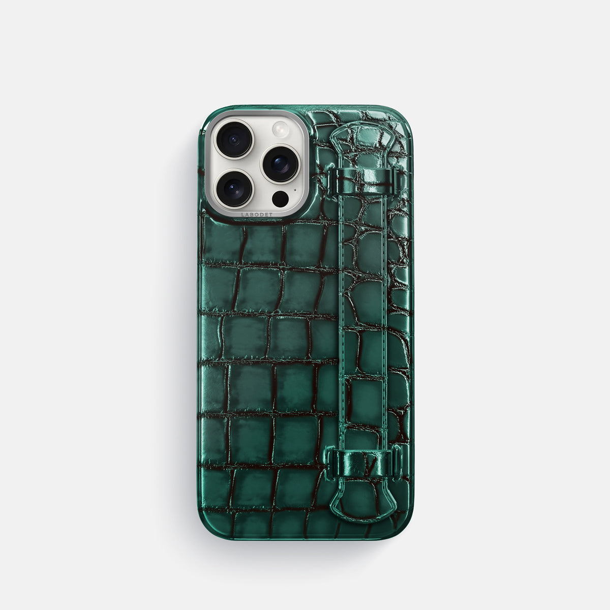 Green iPhone 16 Pro Handle Case Patina Alligator with Steel Metal -1 | Green-Steel