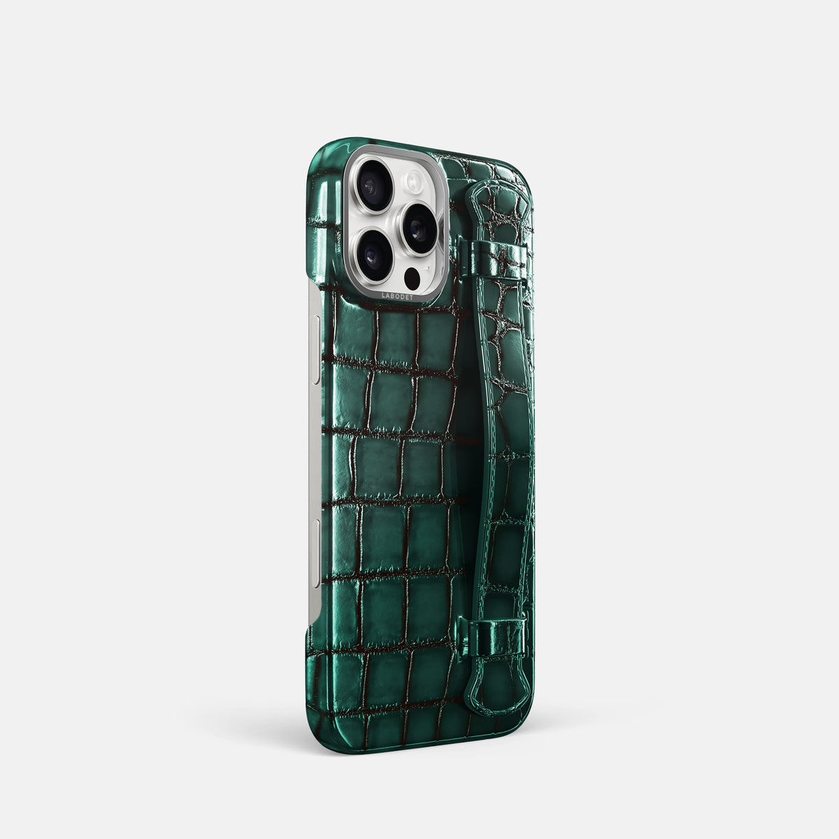 Green iPhone 16 Pro Handle Case Patina Alligator with Steel Metal -2 | Green-Steel