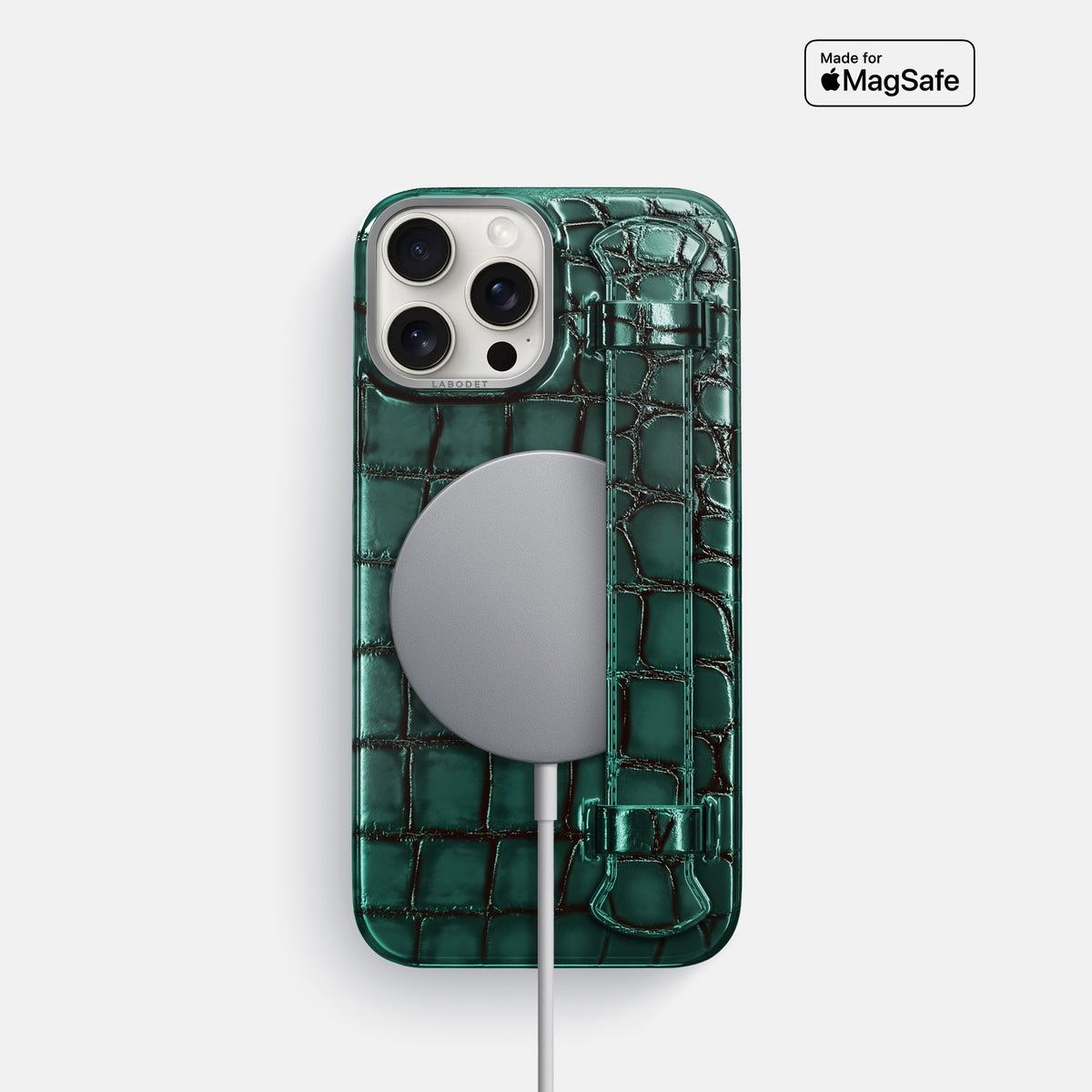 Green iPhone 16 Pro Handle Case Patina Alligator with Steel Metal -5 | Green-Steel