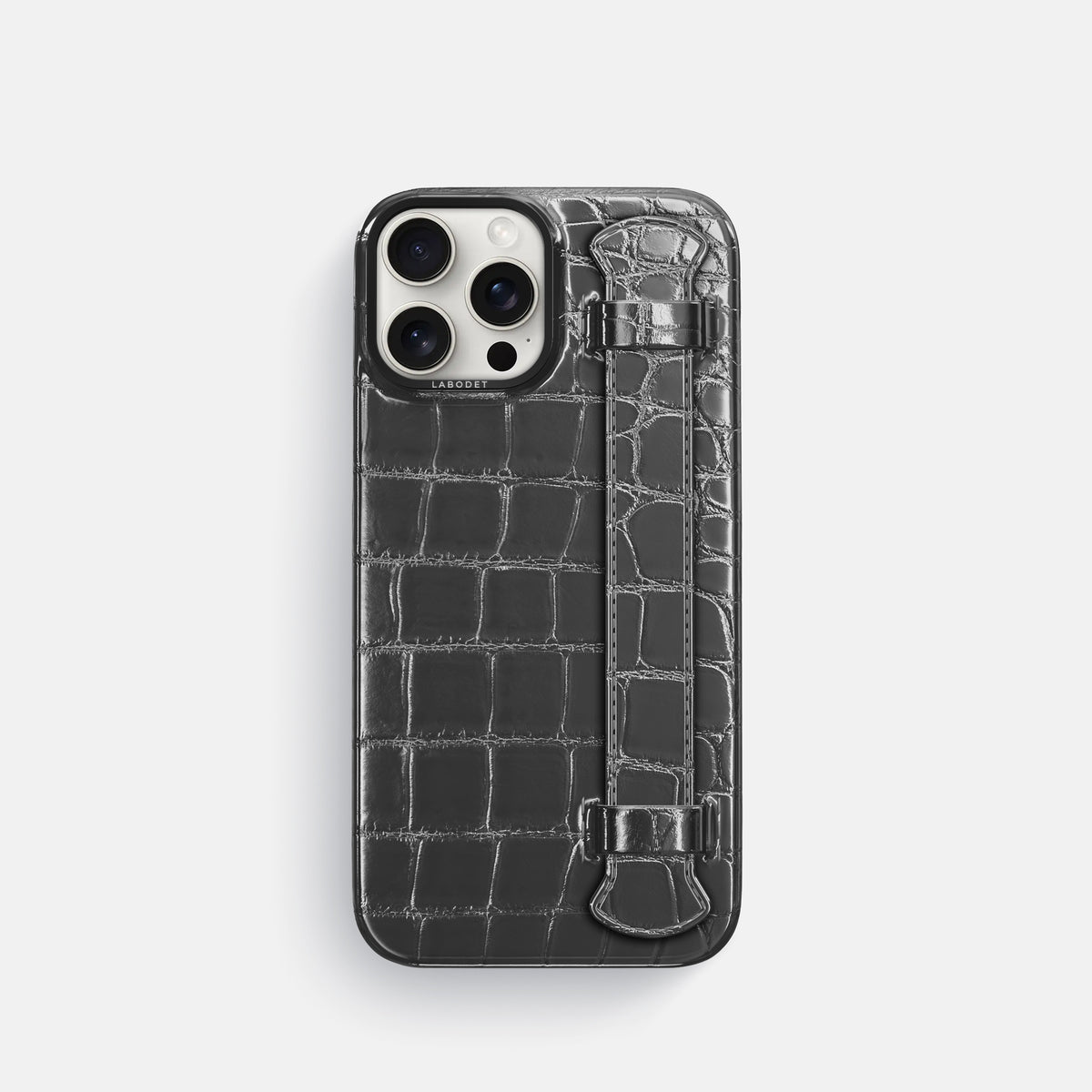 Grey iPhone 16 Pro Handle Case Patina Alligator with Black Metal -1 | Grey-Black
